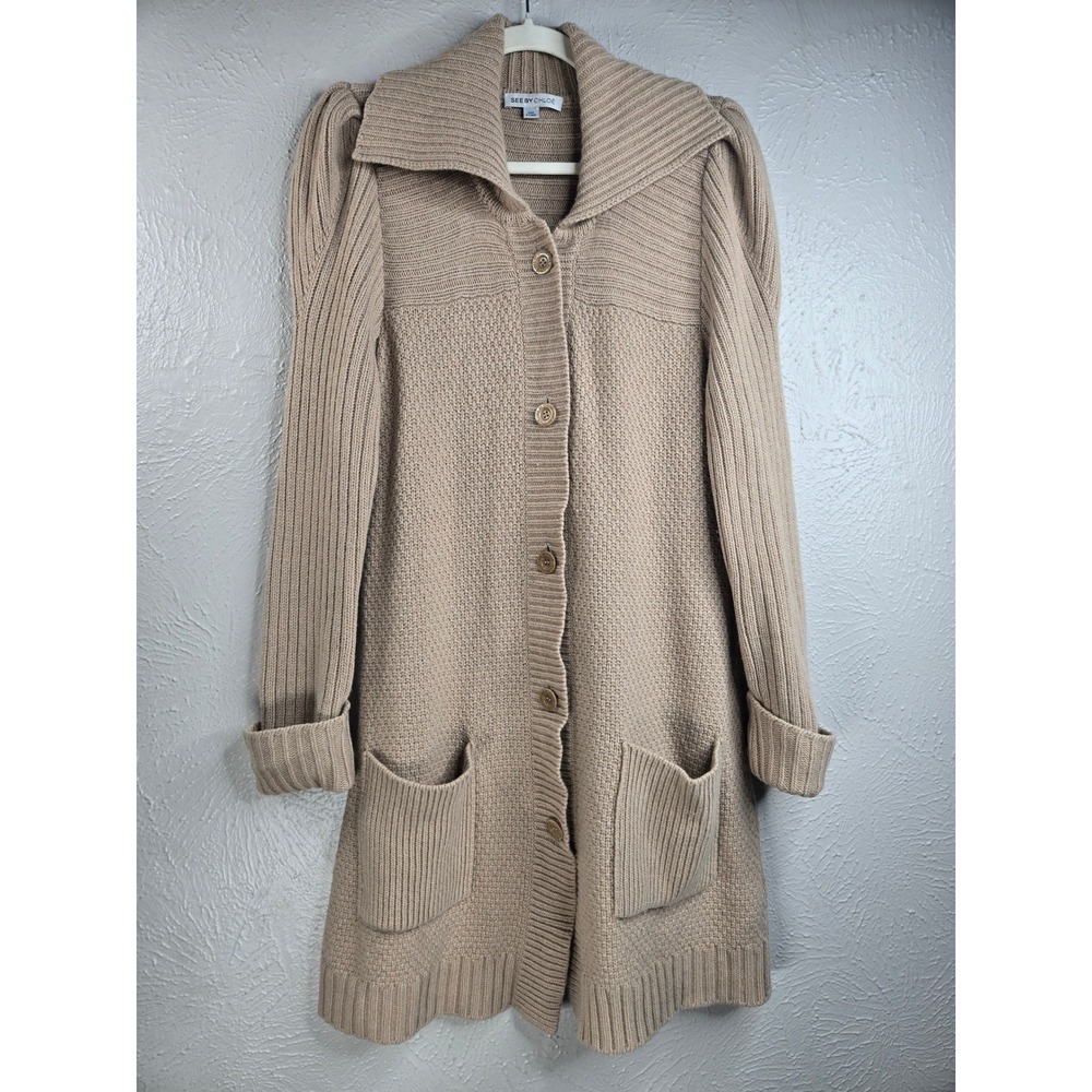 See By Chloe Cardigan Chunky Ribbed Knit Wool Cashmere Long Duster Button Preppy